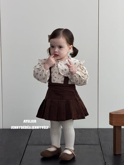 ベビー キッズ 小花柄 長袖ブラウス コーデュロイ サスペンダー プリーツスカートブルマ【mh0014678】