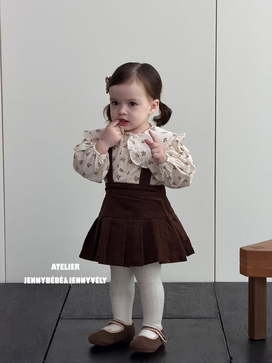 ベビー キッズ 小花柄 長袖ブラウス コーデュロイ サスペンダー プリーツスカートブルマ【mh0014678】