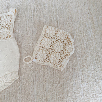 -透かし編みレースフラワーニットロンパース/ボンネット【mh0011143】 - mamahalo shop - ノースリーブロンパース -  べビー服 - 子供服 - 男の子 - 女の子