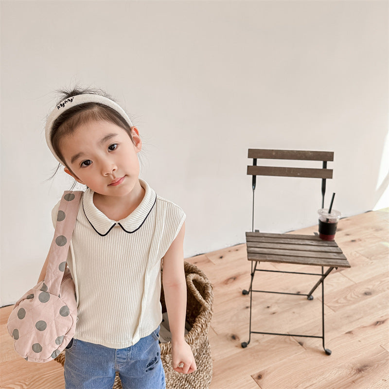 Kids' Ribbed Sleeveless T-shirt with Collar and Round Neck【mh0001795】