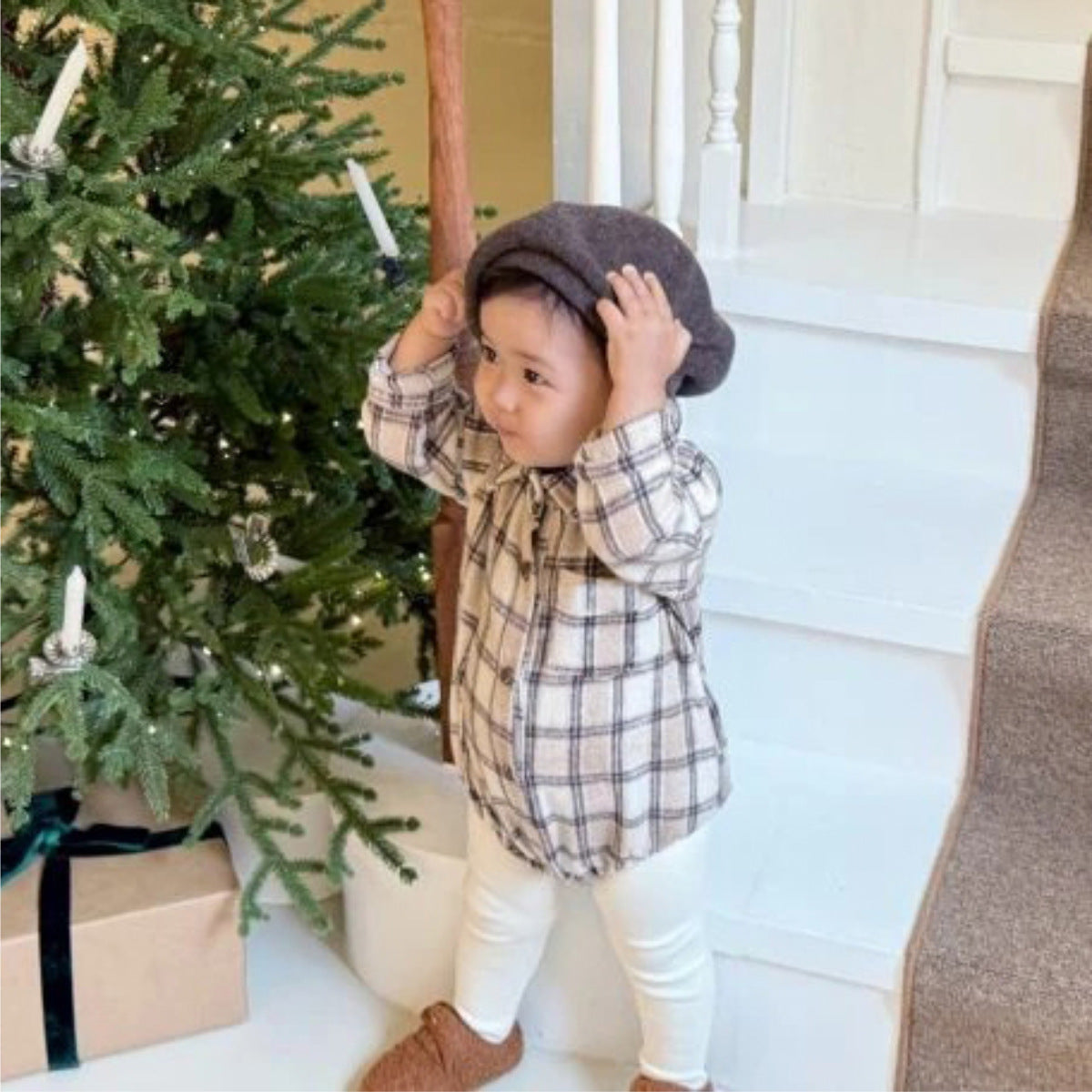 長袖ロンパース チェック シャツ襟 ボディスーツ【mh0011633】