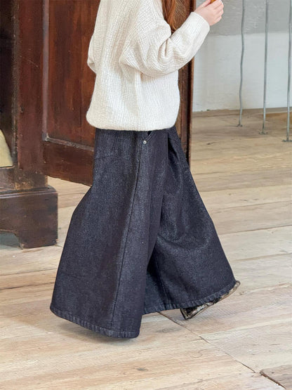 デニムパンツ ワイドルーズ 裏フリース ブラックデニム ジーンズ【mh0011773】