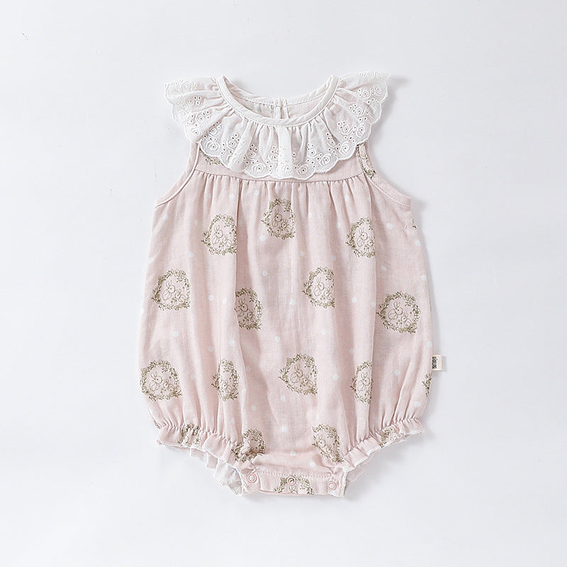 Lace Ruffle Collar Patterned Romper レース ノースリーブロンパース【mh0013607】