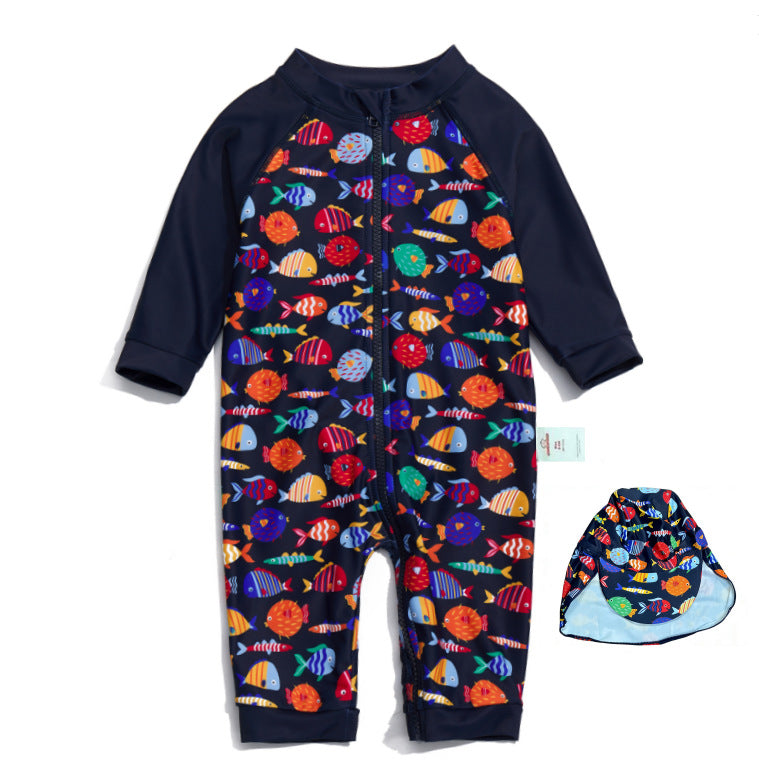 One-Piece Surf Wear With Matching Cap プリント 長袖水着 帽子セット【mh0013315】