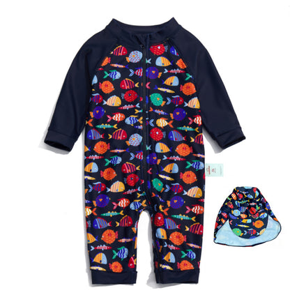 One-Piece Surf Wear With Matching Cap プリント 長袖水着 帽子セット【mh0013315】
