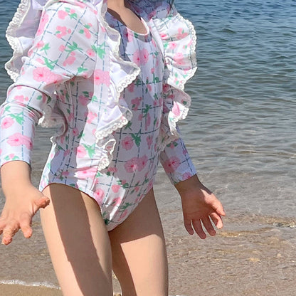 -キッズ 水着 長袖 ワンピース フリル フラワー 花柄 チェック スイムウェア 帽子 セット ガールズ【mh0001992】 - mamahalo shop - ベビー用水着 -  べビー服 - 子供服 - 男の子 - 女の子