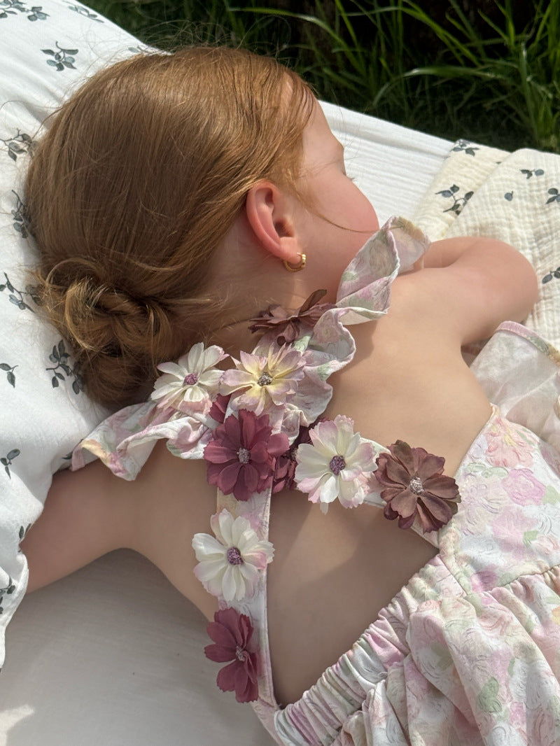 Flower Embellished Backless Frill Dress フローラル 肩フリル ノースリーブワンピース【mh0012813】