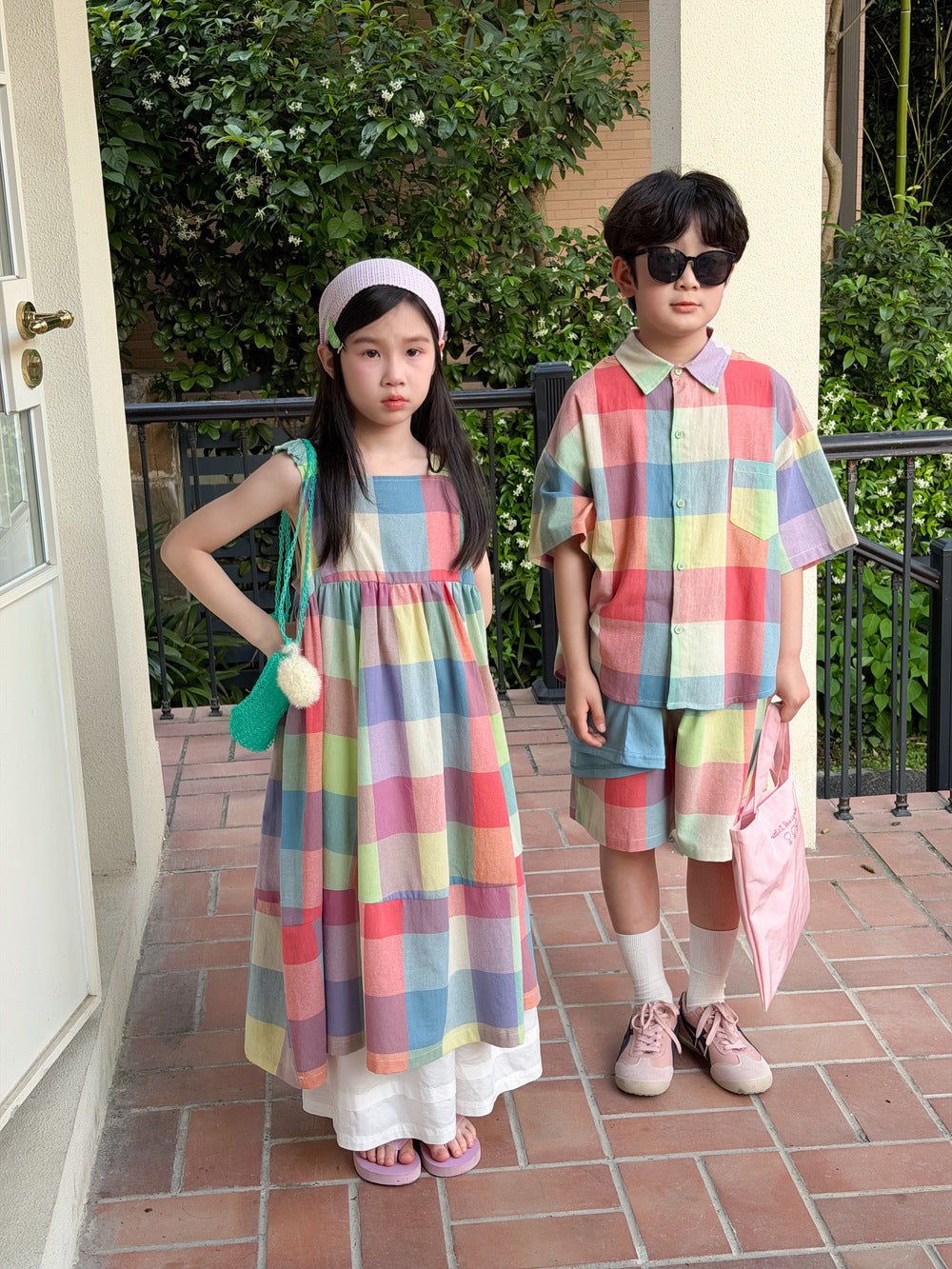 Gingham Multi Colored Dress Shirt Shorts Set ノースリーブワンピース 半袖シャツ パンツ【mh0013523】