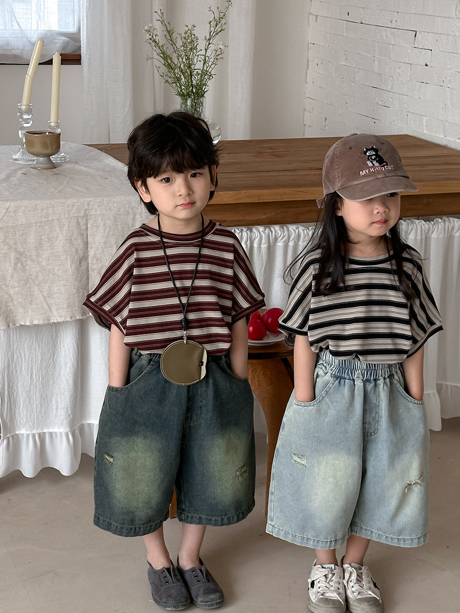 Vintage Distressed Wide Denim Capris ヴィンテージ ハーフデニムパンツ【mh0013462】