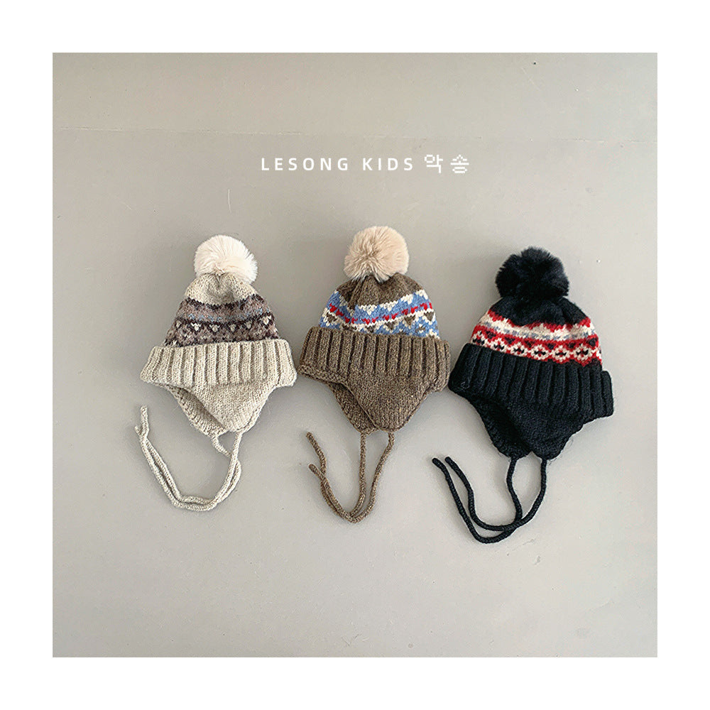 キッズ帽子 ニット トライバル ぽんぽん 耳当て付き ニットキャップ【mh0011839】