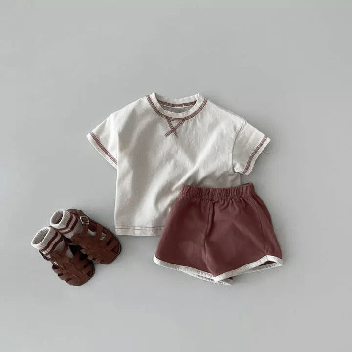 ベビー ステッチ パイピング 半袖Tシャツ ショートパンツ セット【mh0001949】