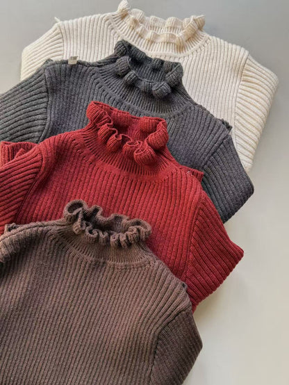 Long-sleeved mock neck cut-and-sew sweater with a ruffled high neck and bottle neck. Basic sweater [mh0011897]