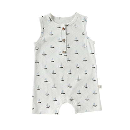 Henley Neckline Sleeveless Cotton ヨット ダイヤ ノースリーブロンパース【mh0012776】