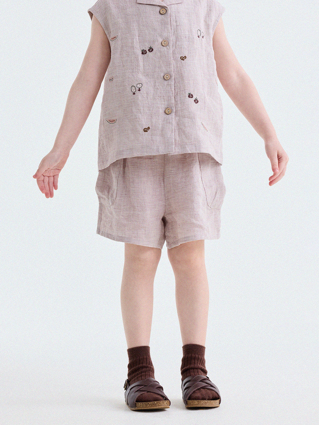 Embroidered Linen Sleeveless Shirt Shorts フルーツ刺繍 ノースリーブシャツ ショートパンツ【mh0013187】