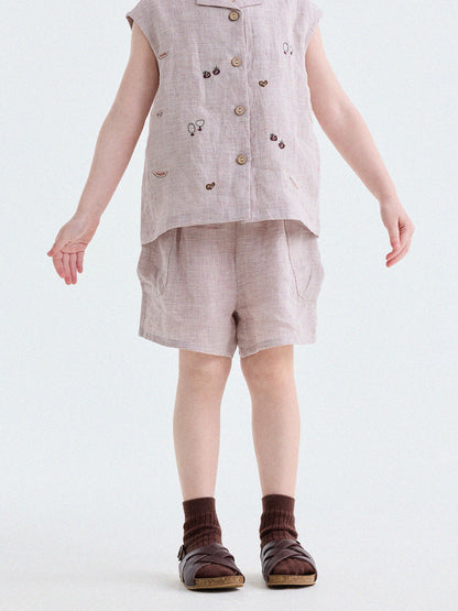 Embroidered Linen Sleeveless Shirt Shorts フルーツ刺繍 ノースリーブシャツ ショートパンツ【mh0013187】