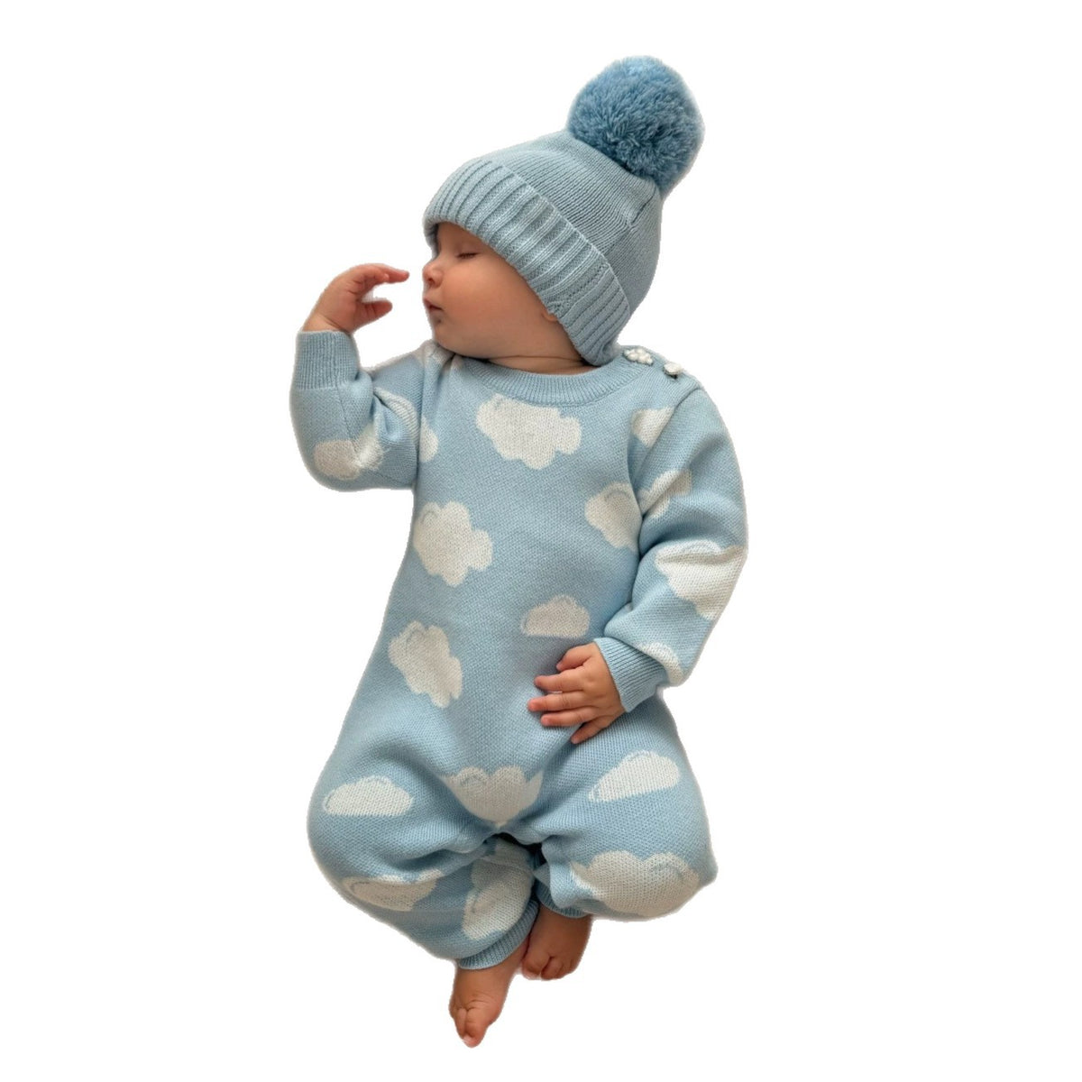 Pelele de punto de manga larga para bebé con estampado de nubes y gorro de punto con pompones [mh0014702]