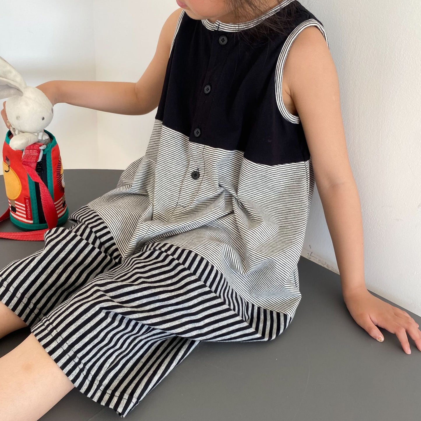 Striped Sleeveless Jumpsuit パッチワーク ノースリーブオールインワン【mh0013635】