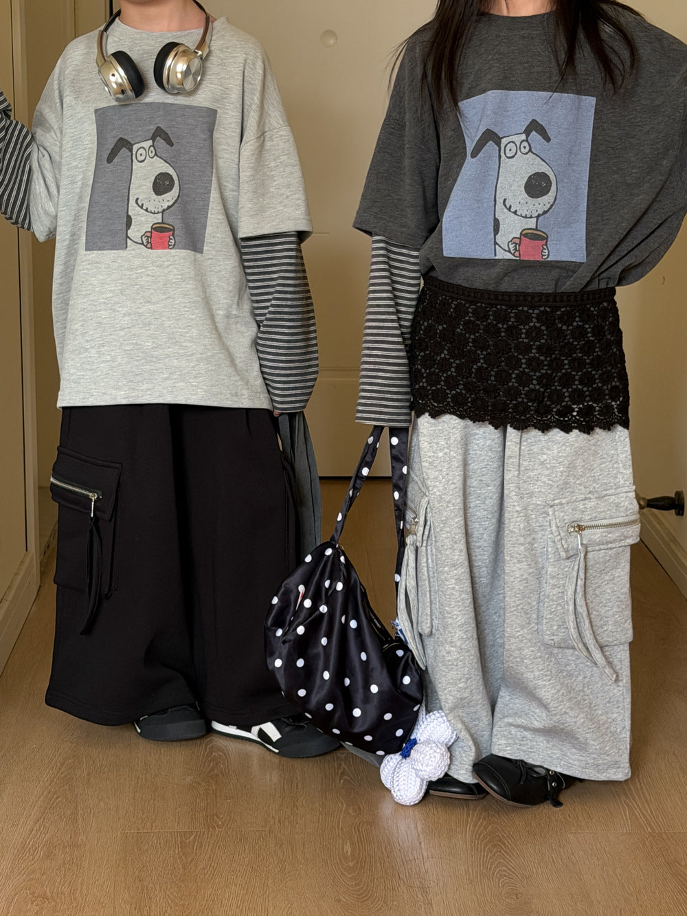 キッズ ボーダー ドッグプリント 重ね着風 長袖Tシャツ【mh0013920】