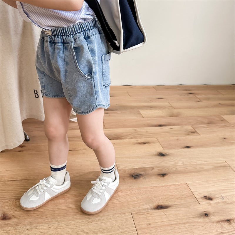 キッズ デニム ショートパンツ ブルー 両サイドポケット フロントステッチ