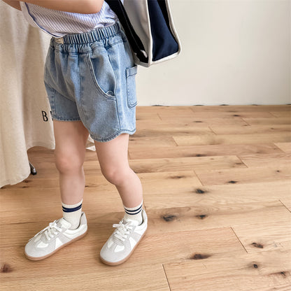 キッズ デニム ショートパンツ ブルー 両サイドポケット フロントステッチ