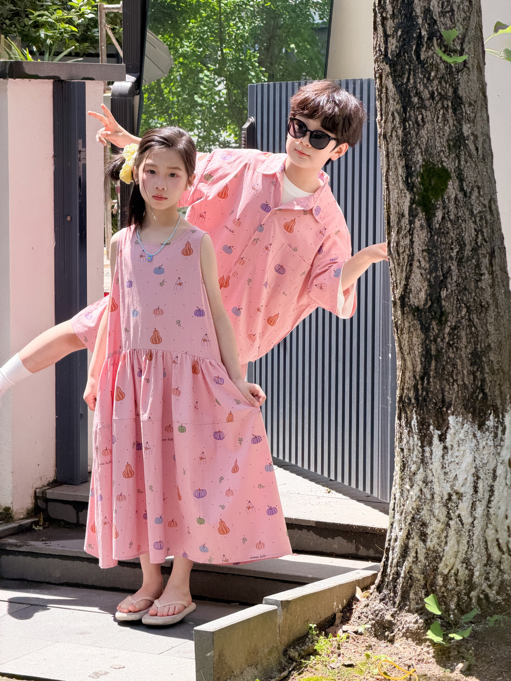 Pumpkin Mixed Vegetable Print Set Dress ベジタブル 半袖シャツ ハーフパンツ ノースリーブワンピース【mh0013527】