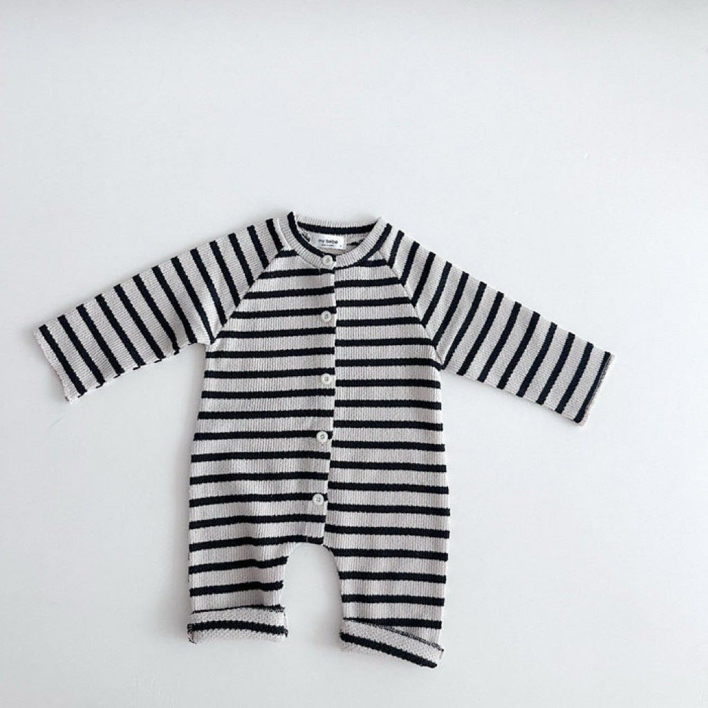 Body de bebé de punto canalé a rayas con botones frontales y manga larga【mh0014649】