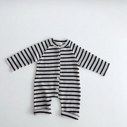 Body de bebé de punto canalé a rayas con botones frontales y manga larga【mh0014649】