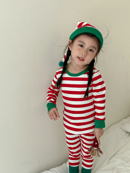 Kids' striped long-sleeve T-shirt, easy-fit long pants, and pom-pom motif cap: 3-piece set【mh0008100】