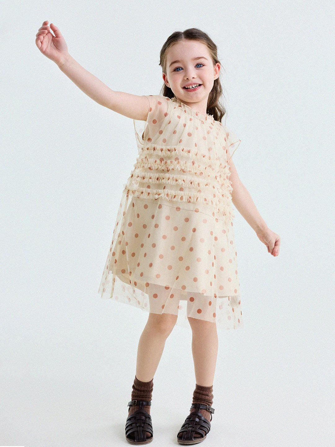 Polka Dot Ruffle Mesh Dress チュール フレンチスリーブワンピース【mh0013199】