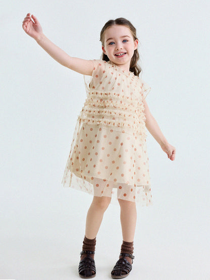 Polka Dot Ruffle Mesh Dress チュール フレンチスリーブワンピース【mh0013199】
