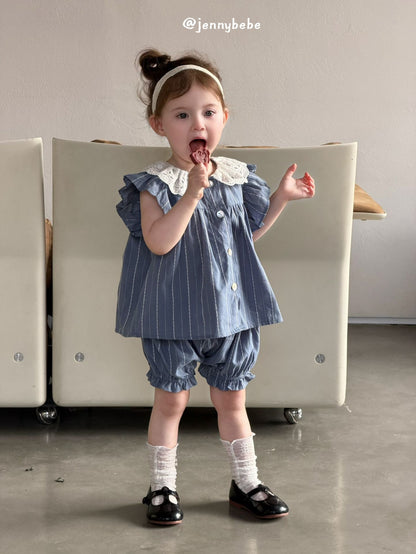 Lace Collar Stripe Cotton Set