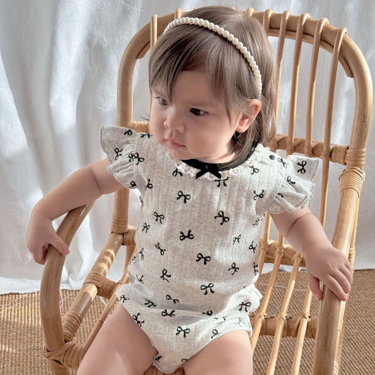 Ruffle Sleeve Eyelet Ribbed Romper リボン ラッフルスリーブロンパース【mh0013598】