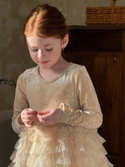 長袖ワンピース ベロア チュチュ チュールスカート パーティドレス【mh0011881】