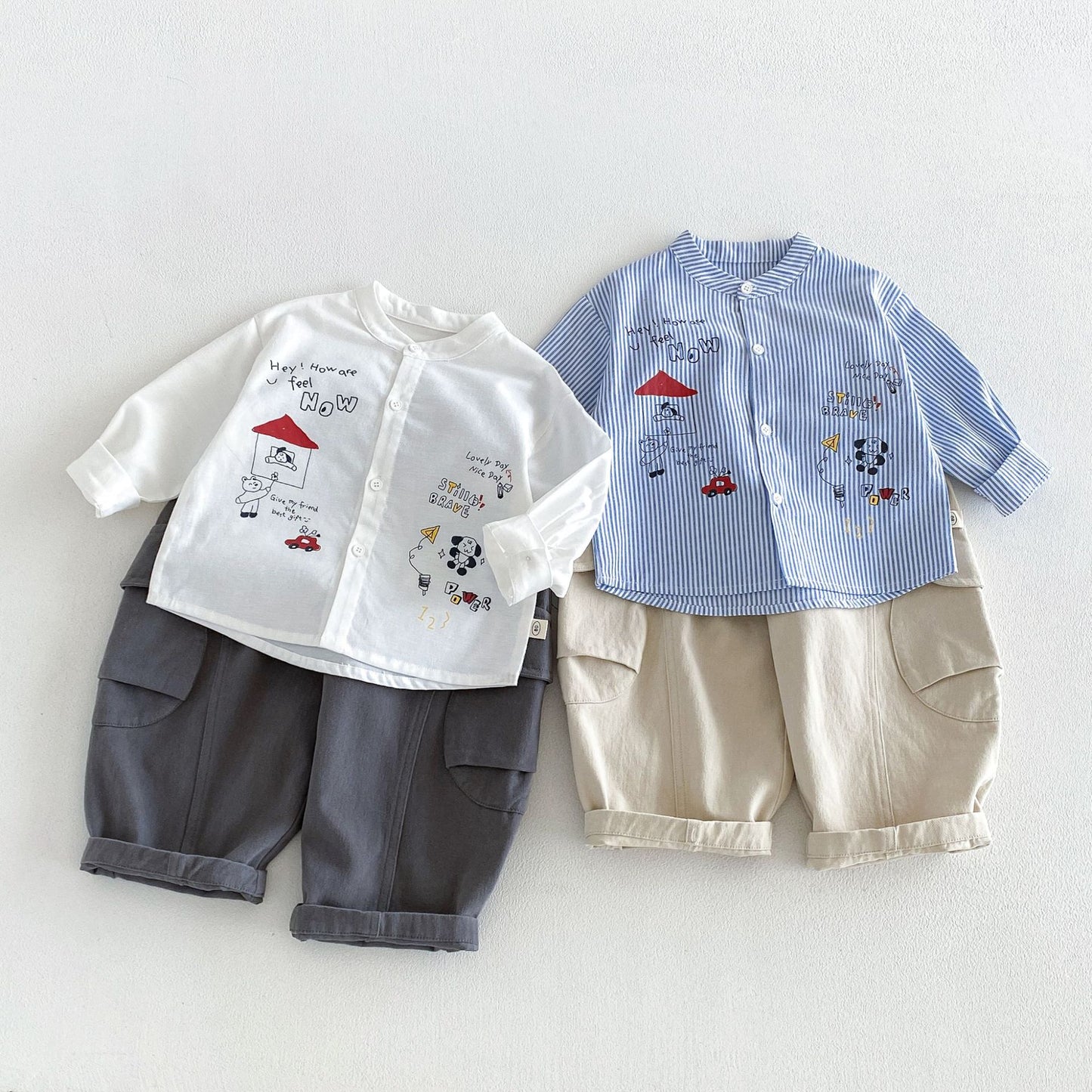 Camisa de manga larga con cuello alto, estampado de rayas y pantalón cargo para niños【mh0014028】