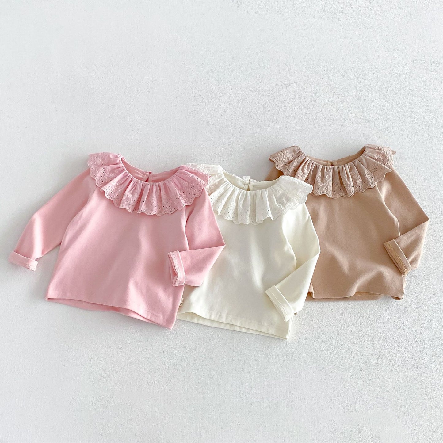 Camiseta de manga larga con cuello y dobladillo de volantes para niñas y pantalón acampanado【mh0014029】
