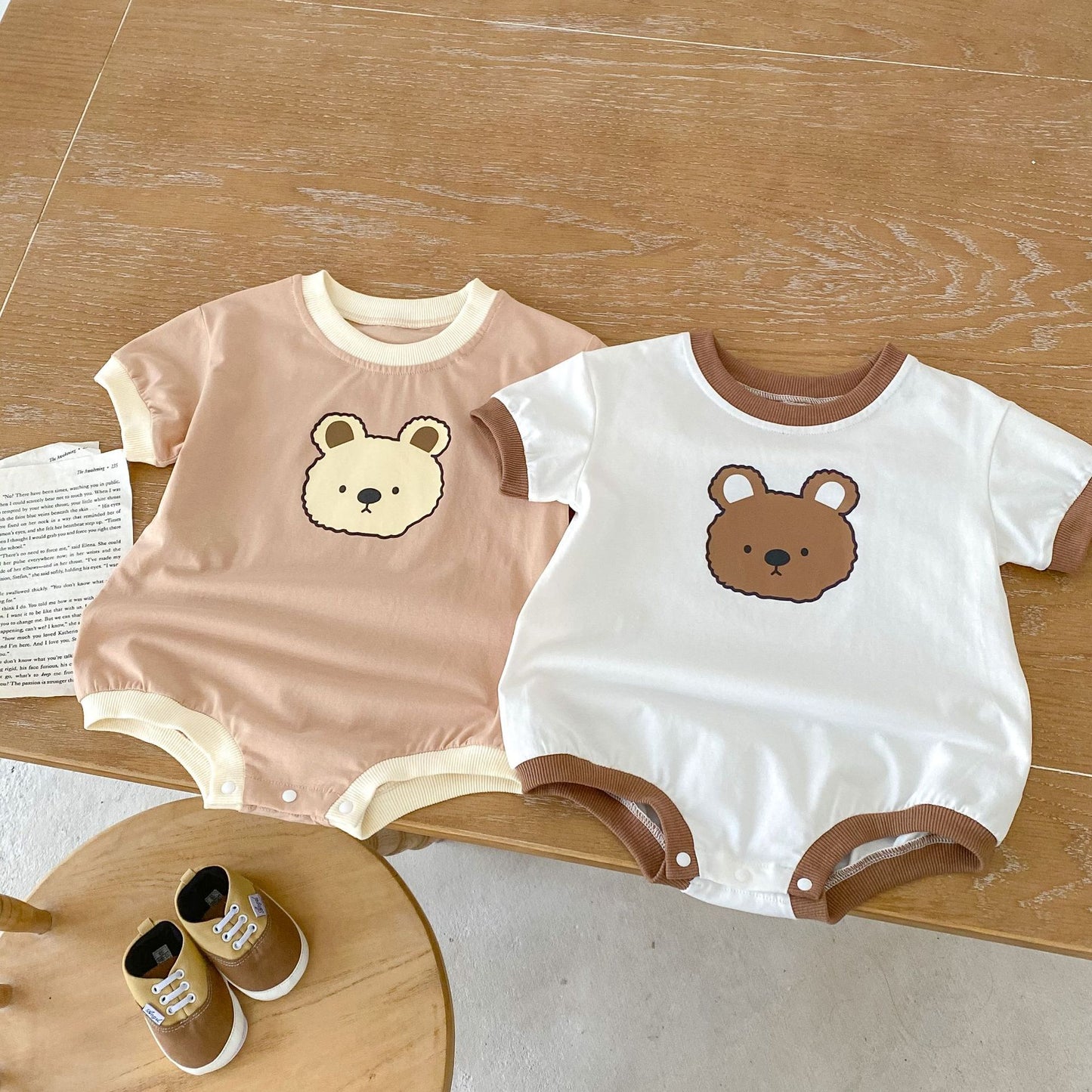 Baby Bear Print Bicolor Piping Short Sleeve Romper [mh0001860]