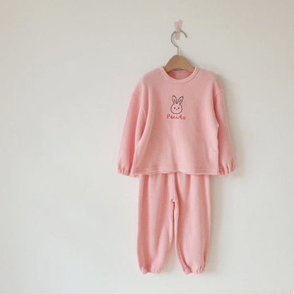 ピンクの長袖トップス＆長ズボンセット、うさぎプリント