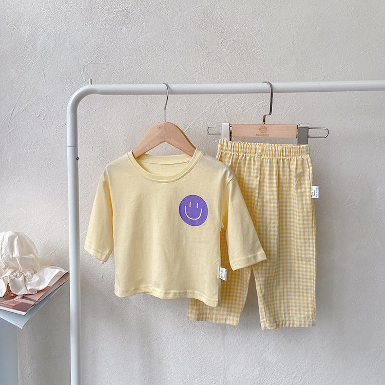 Smiley Long Sleeve Tee & Plaid Pants Set スマイル プリント チェック柄 セットアップ【mh0012672】