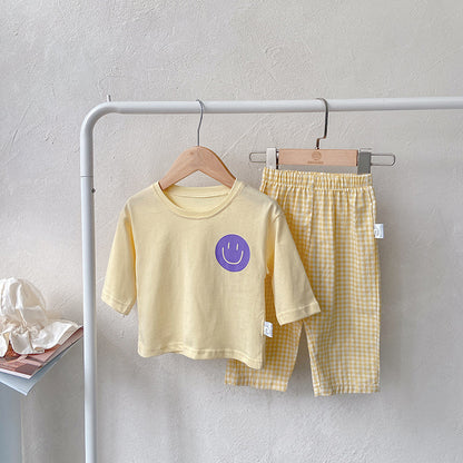 Smiley Long Sleeve Tee & Plaid Pants Set スマイル プリント チェック柄 セットアップ【mh0012672】