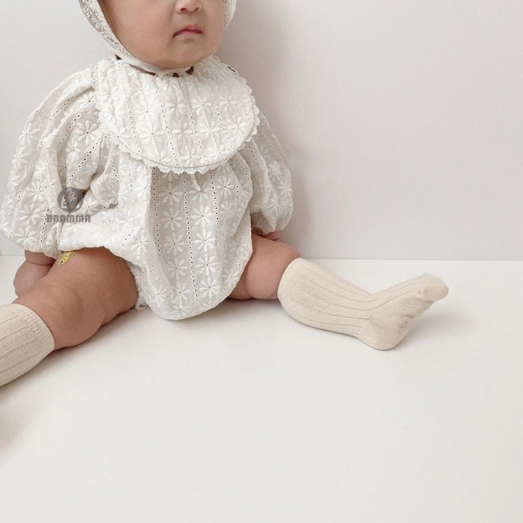 -ベビーキッズ フラワー 刺繍 エプロン ワンピース ロンパース【mh0000064】 - mamahalo shop - 長袖ロンパース -  べビー服 - 子供服 - 男の子 - 女の子