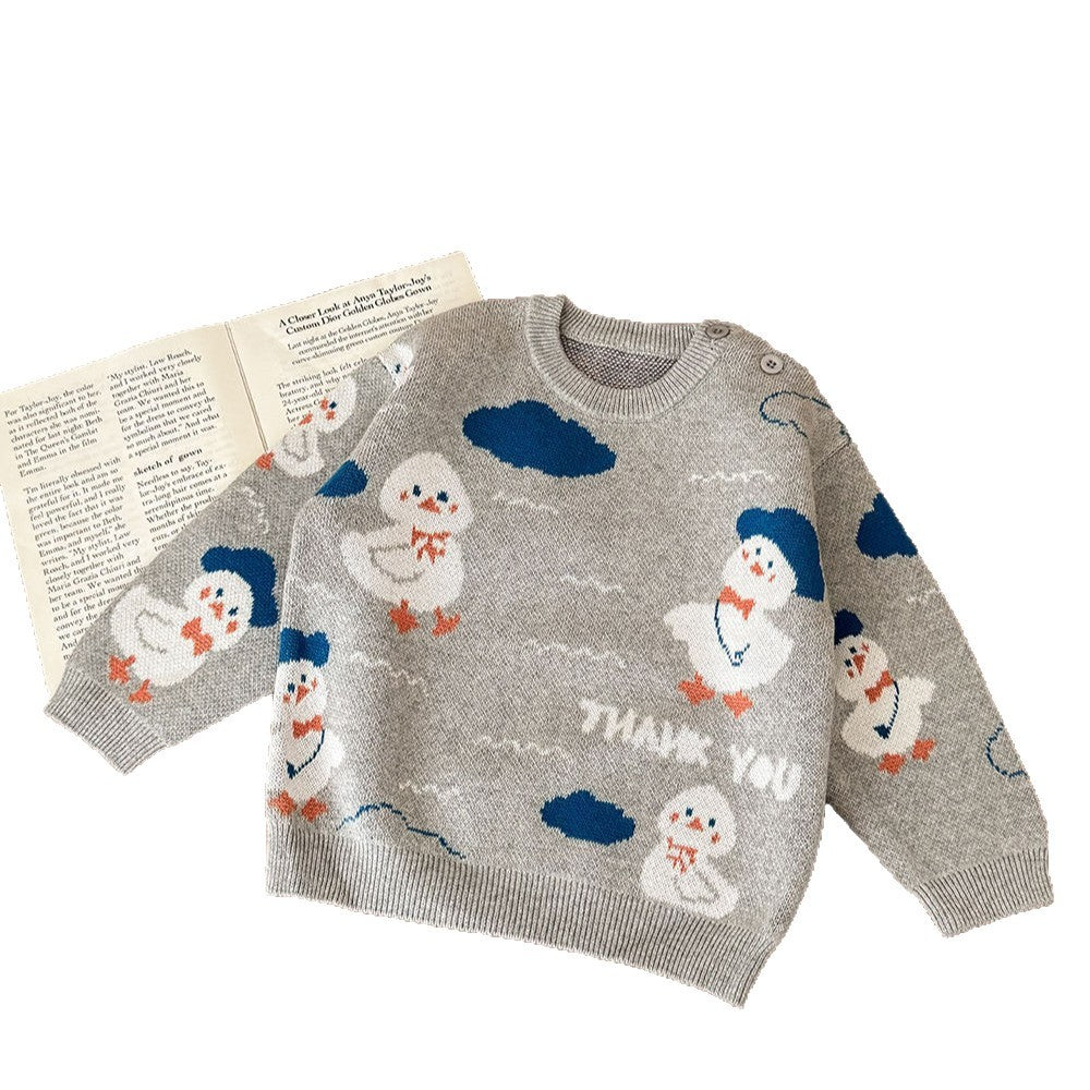 ニットセーター アヒル柄 厚手 クルーネック コットン ルーズフィット【mh0011690】