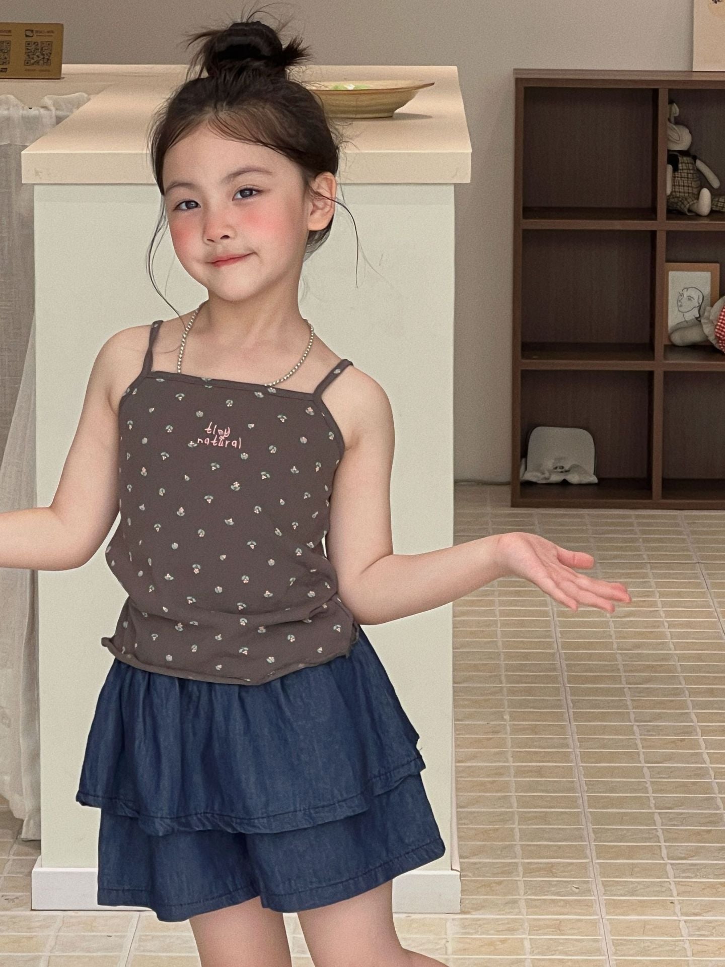 Sleeveless Floral Camisole Vest Tiered Denim Shorts キャミソール ショートパンツ【mh0013293】