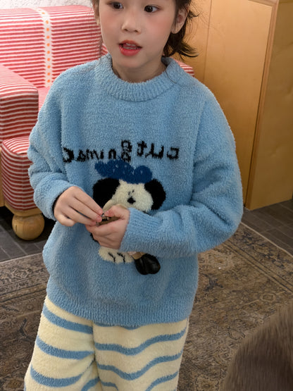 Coral fleece pajama set with dog motif, striped pants, and loungewear [mh0011872]