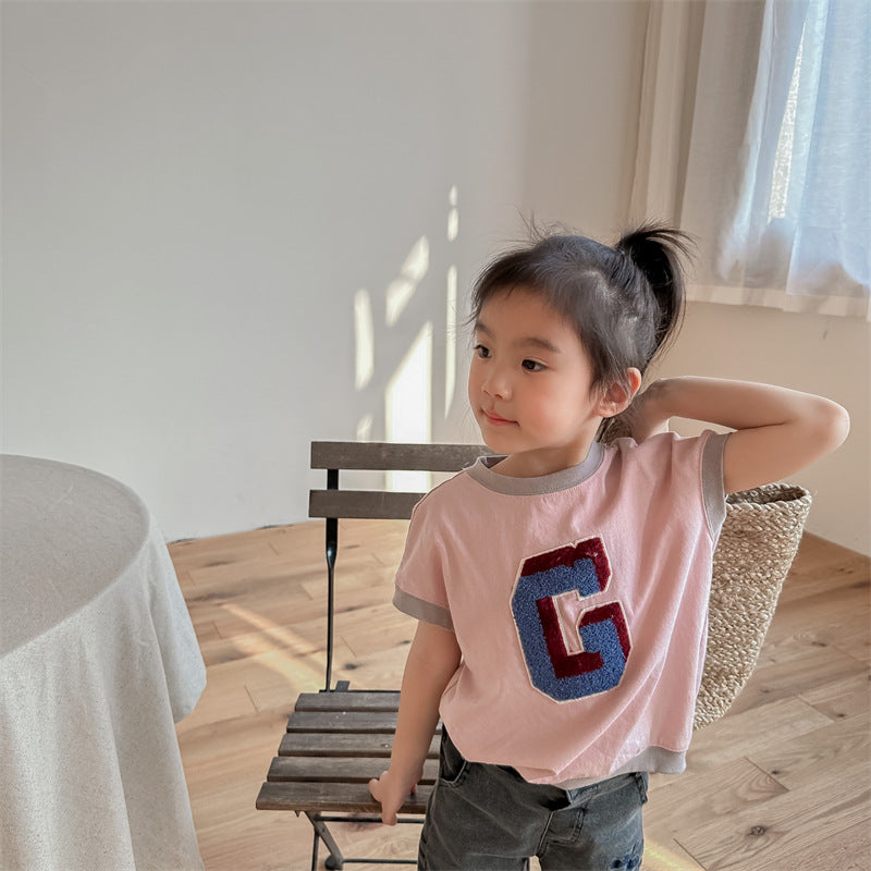 Kids' Alphabet Patchwork Applique Ringer Loose Short-Sleeved T-Shirt [mh0001820]