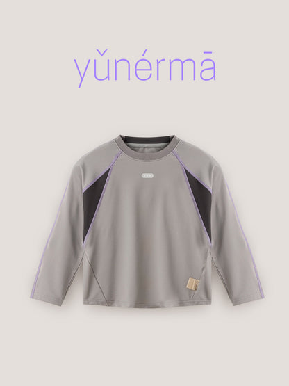 キッズ長袖Tシャツ グレー×パープルの配色切り替え ラグランデザイン