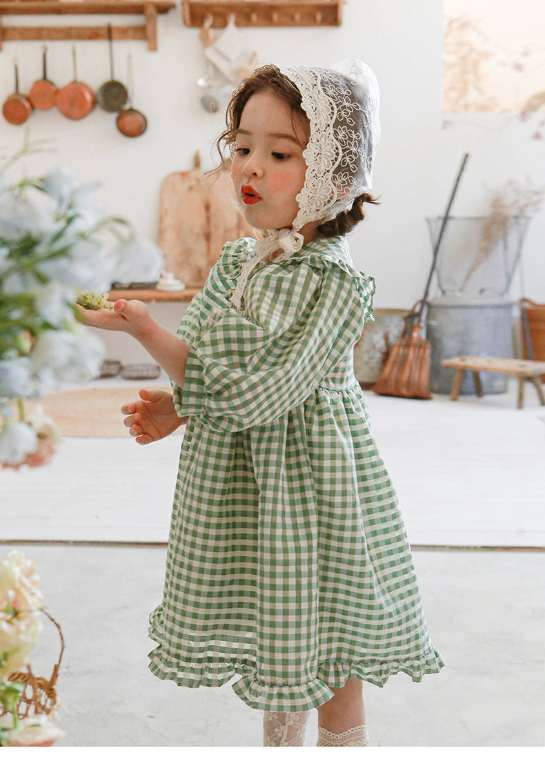 Puff Sleeve Plaid Flower Dress パフスリーブ チェック フラワー ワンピース【mh0001542】