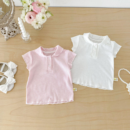 Ribbed Lapel Collar Puff Sleeve Polo Top メロウ 半袖ポロシャツ【mh0013431】