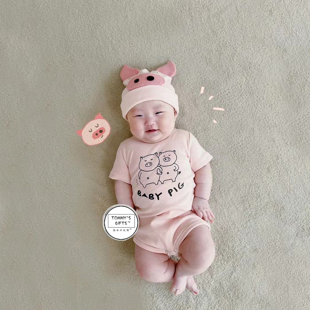 Cute Piglet Printed Short-Sleeve Romper With Hat Set ブタ 半袖ロンパース コスチューム【mh0013356】