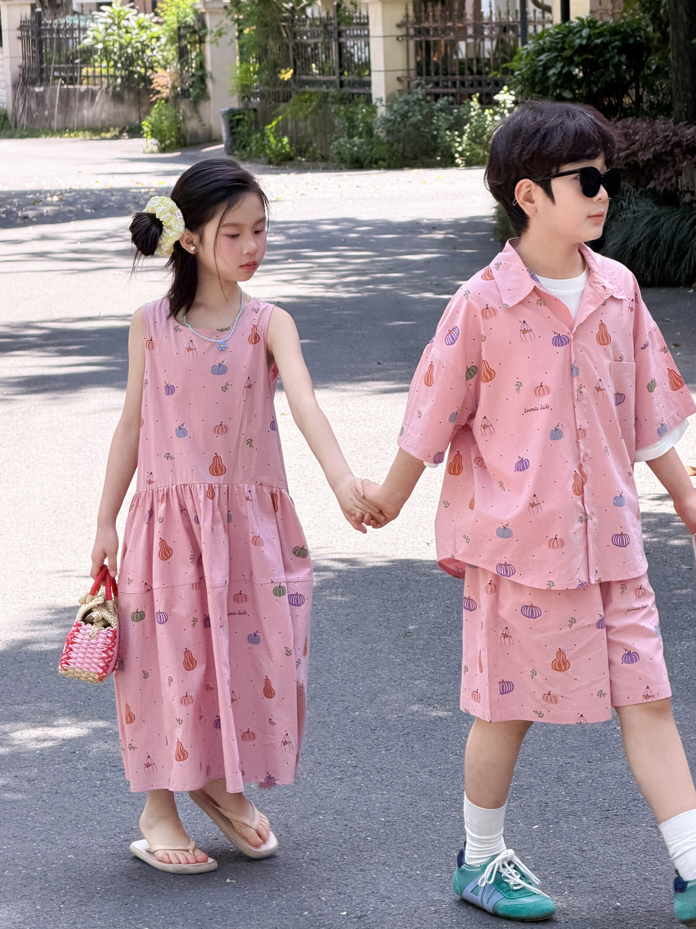 Pumpkin Mixed Vegetable Print Set Dress ベジタブル 半袖シャツ ハーフパンツ ノースリーブワンピース【mh0013527】