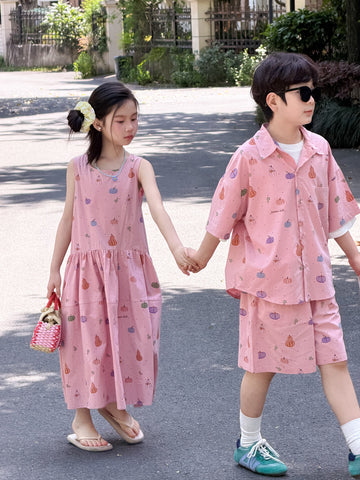 Pumpkin Mixed Vegetable Print Set Dress ベジタブル 半袖シャツ ハーフパンツ ノースリーブワンピース【mh0013527】